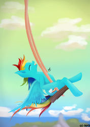 Size: 1280x1810 | Tagged: safe, artist:r1ftz, rainbow dash, pegasus, pony, g4, anatomically incorrect, backwards cutie mark, cloud, eyes closed, female, incorrect leg anatomy, open mouth, ponies sitting like humans, solo, swing, swinging, tail, windswept tail