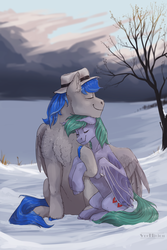 Size: 2000x3000 | Tagged: safe, artist:marinavermilion, oc, oc:brensa, oc:record melodie, bat pony, pegasus, pony, bat pony oc, brecord, commission, cuddling, fedora, female, giant pegasus, hat, high res, holding hooves, hug, male, mare, size difference, stallion, unshorn fetlocks, wings, winter