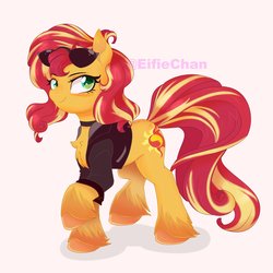 Size: 3000x3000 | Tagged: safe, artist:katakiuchi4u, sunset shimmer, earth pony, pony, unicorn, g4, alternate design, butt freckles, clothes, female, freckles, g5 concept leak style, g5 redesign, high res, hoof fluff, jacket, mare, peppered bacon, race swap, redesign, smiling, solo, sunglasses, unshorn fetlocks