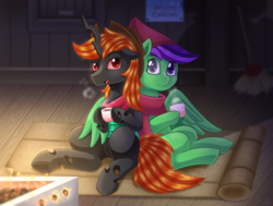 Size: 1500x1135 | Tagged: safe, artist:vavacung, oc, oc only, oc:ferrum, changeling, pegasus, pony, clothes, cup, duo, female, freckles, hug, male, mare, scarf, sitting, smiling, spread wings, winghug, wings, winter