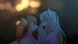 Size: 1600x900 | Tagged: safe, artist:haidiannotes, oc, oc only, pegasus, pony, female, looking at each other, mare, smiling