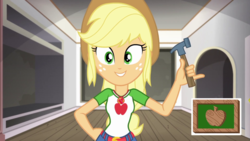 Size: 1280x720 | Tagged: safe, screencap, applejack, diy with applejack, equestria girls, g4, my little pony equestria girls: better together, belt, clothes, cowboy hat, cutie mark on clothes, denim skirt, female, freckles, geode of super strength, green eyes, gritted teeth, hammer, hat, jewelry, magical geodes, necklace, shirt, skirt, smiling, solo, stetson, teeth