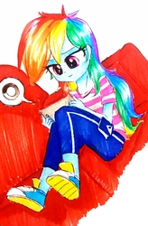 Size: 831x1267 | Tagged: safe, artist:liaaqila, rainbow dash, human, equestria girls, g4, converse, couch, female, shoes, solo, traditional art