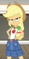 Size: 299x602 | Tagged: safe, screencap, applejack, diy with applejack, equestria girls, g4, my little pony equestria girls: better together, belt, clothes, collar, cowboy hat, cropped, denim, denim skirt, eyes closed, female, freckles, geode of super strength, hand on hip, hat, jewelry, magical geodes, necklace, ponytail, shirt, skirt, smiling, smirk, solo, t-shirt, teenager