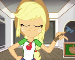 Size: 1333x1078 | Tagged: safe, screencap, applejack, diy with applejack, equestria girls, g4, my little pony equestria girls: better together, :3, clothes, collar, confident, cowboy hat, denim skirt, eyes closed, female, geode of super strength, hammer, hand on hip, hat, magical geodes, proud, shirt, skirt, smiling, smug, teenager