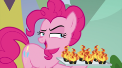 Size: 2880x1619 | Tagged: safe, screencap, pinkie pie, earth pony, pony, g4, the washouts (episode), cupcake, extreme chocolate airshow cupcake, female, food, grin, mare, narrowed eyes, raised eyebrow, smiling, solo