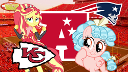 Size: 1920x1080 | Tagged: safe, artist:oatscene, artist:whalepornoz, cozy glow, sunset shimmer, equestria girls, g4, marks for effort, my little pony equestria girls: better together, afc, afc championship, american football, kansas city chiefs, new england patriots, nfl, nfl playoffs, sports, vector