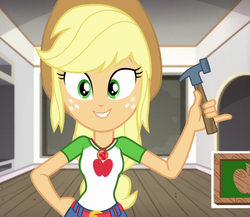 Size: 830x720 | Tagged: safe, screencap, applejack, diy with applejack, equestria girls, g4, my little pony equestria girls: better together, cropped, female, geode of super strength, hammer, magical geodes, smiling