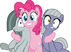 Size: 4083x3000 | Tagged: safe, artist:cloudy glow, limestone pie, marble pie, pinkie pie, earth pony, pony, g4, rock solid friendship, belly, bipedal, female, hind legs, hug, mare, pie sisters, siblings, simple background, sisters, smiling, surprised, transparent background, vector