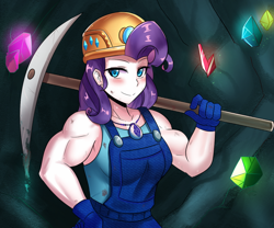 Size: 800x667 | Tagged: safe, artist:tzc, rarity, equestria girls, g4, anime, clothes, commission, female, geode of shielding, hard hat, helmet, magical geodes, miner, muscles, muscular female, overalls, pickaxe, ripped rarity, safety helmet, smiling, solo