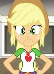 Size: 1052x1440 | Tagged: safe, edit, edited screencap, screencap, applejack, diy with applejack, equestria girls, g4, my little pony equestria girls: better together, applejack's hat, belt, clothes, collar, cowboy hat, cropped, denim skirt, female, frown, geode of super strength, hand on hip, hat, inverted mouth, looking at you, magical geodes, sad, shirt, skirt, solo, teenager