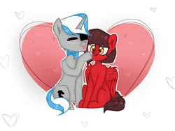 Size: 1600x1200 | Tagged: safe, artist:albatrosonset, oc, oc:cinnamon pop, oc:sekr gray, pegasus, pony, unicorn, :p, boop, bowtie, eyepatch, eyes closed, female, heart, male, sekramon, shipping, silly, simple background, sound effects, straight, tongue out, ych result