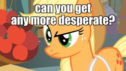 Size: 1920x1080 | Tagged: safe, edit, edited screencap, screencap, applejack, earth pony, pony, call of the cutie, g4, caption, confused, female, image macro, meme, reaction image, solo, suspicious, text