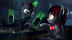 Size: 2560x1440 | Tagged: safe, artist:skylairo, oc, oc:blackjack, oc:littlepip, pony, unicorn, fallout equestria, fallout equestria: project horizons, alcohol, binge, bottle, clothes, colored sclera, fanfic, fanfic art, female, glowing eyes, glowing horn, hooves, horn, jumpsuit, levitation, magic, mare, pipboy, pipbuck, sitting, telekinesis, vault suit, wasteland, whiskey, yellow sclera