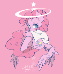 Size: 1720x2000 | Tagged: safe, artist:potetecyu_to, pinkie pie, angel, pony, g4, anatomically incorrect, blushing, butt wings, clothes, cute, diapinkes, female, halo, incorrect leg anatomy, looking at you, mare, pink background, simple background, solo, stars