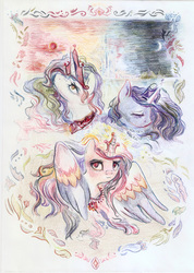 Size: 4963x6981 | Tagged: safe, artist:malinetourmaline, princess cadance, princess celestia, princess luna, alicorn, pony, g4, absurd resolution, alicorn triarchy, border, colored pupils, colored wings, colored wingtips, crystal castle, crystal empire, flower, flower petals, flowing mane, jewelry, looking at you, looking down, looking up, moon, necklace, regalia, sun, traditional art