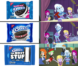 Size: 2560x2160 | Tagged: safe, fuchsia blush, golden hazel, lavender lace, snails, snips, thunderbass, trixie, valhallen, watermelody, equestria girls, g4, my little pony equestria girls: rainbow rocks, cookie, exploitable meme, food, high res, meme, oreo, reaction