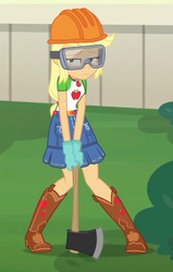 Size: 514x810 | Tagged: safe, screencap, applejack, diy with applejack, equestria girls, g4, my little pony equestria girls: better together, axe, belt, boots, clothes, cowboy boots, cropped, denim skirt, female, freckles, geode of super strength, gloves, goggles, helmet, legs, magical geodes, skirt, weapon