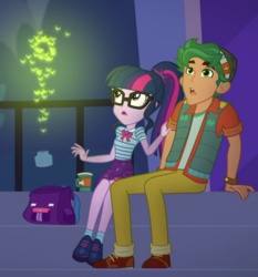 Size: 661x710 | Tagged: safe, screencap, sci-twi, timber spruce, twilight sparkle, firefly (insect), equestria girls, g4, my little pony equestria girls: better together, star crossed, backpack, clothes, coffee, cropped, female, glasses, legs, male, pants, ponytail, shoes, sitting, vest
