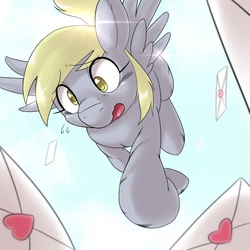 Size: 1536x1536 | Tagged: safe, artist:kurogewapony, derpy hooves, pegasus, pony, g4, female, imminent crash, mail, mare, open mouth, sky, solo