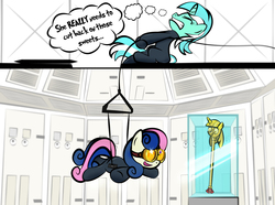 Size: 1425x1058 | Tagged: safe, artist:dan232323, bon bon, lyra heartstrings, sweetie drops, earth pony, pony, unicorn, g4, bodysuit, catsuit, clothes, crossover, duo, female, goggles, harness, mare, mission impossible, parody, scene parody, scepter, secret agent sweetie drops, sneaking suit, spy, suspended, tack, thought bubble, twilight scepter