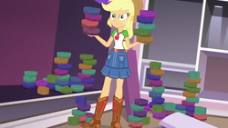 Size: 1280x720 | Tagged: safe, screencap, applejack, diy with applejack, equestria girls, g4, my little pony equestria girls: better together, belt, boots, clothes, cowboy boots, cowboy hat, cutie mark on clothes, denim, denim skirt, fabric, geode of super strength, glare, hat, jewelry, magical geodes, necklace, shirt, shoes, skirt, stetson, t-shirt