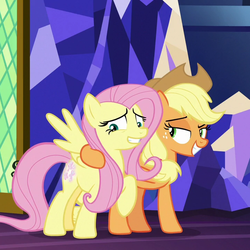 Size: 720x720 | Tagged: safe, screencap, applejack, fluttershy, pony, g4, sounds of silence, bad touch, cropped, out of context, personal space invasion