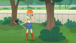 Size: 1280x720 | Tagged: safe, screencap, applejack, diy with applejack, equestria girls, g4, my little pony equestria girls: better together, axe, female, solo, tree, weapon