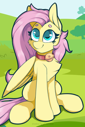 Size: 1181x1772 | Tagged: safe, artist:php97, fluttershy, pegasus, pony, g4, beanbrows, bell, bell collar, cat bell, chest fluff, collar, cute, eyebrows, female, flutterpet, looking at you, mare, pet play, pony pet, shyabetes, sitting, solo