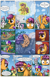 Size: 2030x3130 | Tagged: safe, artist:sirzi, apple bloom, scootaloo, sweetie belle, alicorn, earth pony, fish, frog, pegasus, pony, unicorn, comic:talisman for a pony, g4, alicornified, bow, cloud, comic, eyes closed, female, filly, floppy ears, grass, hair bow, helmet, high res, imagine spot, jackie chan adventures, jewelry, open mouth, race swap, regalia, scooter, sky, smiling, speech bubble, talisman, trio, water, wet, wet mane