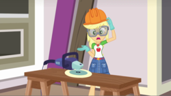 Size: 1280x720 | Tagged: safe, screencap, applejack, diy with applejack, equestria girls, g4, my little pony equestria girls: better together, clothes, confused, cutie mark on clothes, female, geode of super strength, gloves, goggles, hat, jewelry, magical geodes, solo