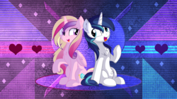 Size: 3840x2160 | Tagged: safe, artist:aureai-sketches, artist:cyanlightning, artist:laszlvfx, edit, princess cadance, shining armor, alicorn, pony, unicorn, g4, chest fluff, female, heart, high res, husband and wife, looking at each other, male, mare, ship:shiningcadance, shipping, sitting, straight, wallpaper, wallpaper edit