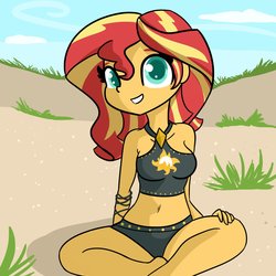 Size: 1650x1650 | Tagged: safe, artist:tjpones, sunset shimmer, equestria girls, equestria girls series, forgotten friendship, g4, adorasexy, beach shorts swimsuit, belly button, bikini, clothes, cloud, colored pupils, cute, female, looking at you, sexy, sitting, sky, solo, summer sunset, sunset shimmer's beach shorts swimsuit, swimsuit