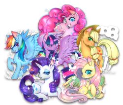 Size: 1000x850 | Tagged: safe, artist:renciel, applejack, fluttershy, pinkie pie, rainbow dash, rarity, twilight sparkle, alicorn, earth pony, pegasus, pony, unicorn, g4, female, mane six, mare, simple background, smiling, transparent background, twilight sparkle (alicorn), watermark