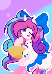 Size: 721x1024 | Tagged: safe, artist:mlpcotton-candy-pone, oc, oc only, oc:magical melody, pony, unicorn, bow, bowl, female, hair bow, mare, solo, tail bow