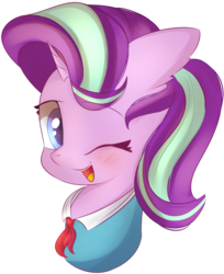 Size: 2517x3083 | Tagged: safe, artist:autumnvoyage, starlight glimmer, pony, unicorn, g4, blushing, clothes, cute, female, filly, filly starlight glimmer, floppy ears, glimmerbetes, high res, mare, one eye closed, open mouth, simple background, smiling, solo, transparent background, wink, younger