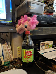 Size: 768x1024 | Tagged: safe, artist:toledo, pinkie pie, earth pony, pony, g4, balancing, boop, dr. pepper, irl, photo, pinkie being pinkie, plushie, ponies in real life, ponk, soda, solo, wii sports
