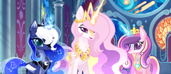 Size: 1883x814 | Tagged: safe, artist:sugaryicecreammlp, princess cadance, princess celestia, princess luna, alicorn, pony, g4, alicorn triarchy, alternate design, alternate universe, blaze (coat marking), canterlot castle, cheek fluff, chest fluff, coat markings, color porn, colored eartips, colored wings, colored wingtips, constellation, constellation hair, crown, ear fluff, ethereal hair, ethereal mane, ethereal tail, facial markings, female, folded wings, gradient mane, gradient tail, jewelry, magic, magic aura, mare, multicolored wings, necklace, pale belly, peytral, regalia, royal sisters, sparkly mane, sparkly tail, standing, star (coat marking), starry mane, starry tail, tail, tiara, trio, wings