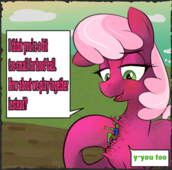 Size: 812x798 | Tagged: safe, artist:nignogs, cheerilee, oc, oc:anon, human, pony, g4, blushing, chest fluff, colored, dialogue, giant pony, human male, macro, male, size difference, smothering, text, y-you too