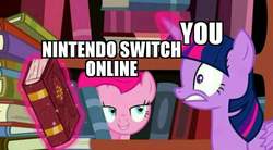 Size: 1024x564 | Tagged: safe, edit, edited screencap, screencap, pinkie pie, twilight sparkle, alicorn, pony, g4, pinkie apple pie, book, bookshelf, female, lesbian, mare, meme, nintendo switch online, ship:twinkie, shipping, twilight sparkle (alicorn)