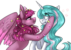 Size: 2775x1961 | Tagged: safe, artist:ggchristian, oc, oc only, oc:solar shine, pegasus, pony, unicorn, bandage, cheek squish, cross-popping veins, female, looking at each other, mare, simple background, squishy cheeks, white background
