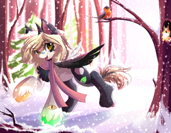 Size: 5102x3961 | Tagged: safe, artist:airiniblock, oc, oc only, ambiguous species, bird, hybrid, original species, squirrel, rcf community, absurd resolution, clothes, commission, female, forest, glowing hooves, robin, scarf, snow, snowfall, solo, tree, unshorn fetlocks