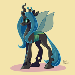 Size: 2650x2650 | Tagged: safe, artist:eeviart, queen chrysalis, changeling, changeling queen, g4, crown, female, high res, jewelry, regalia, signature, simple background, solo, yellow background