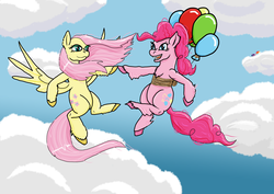 Size: 2912x2059 | Tagged: safe, artist:lizardwithhat, fluttershy, pinkie pie, rainbow dash, twilight sparkle, earth pony, pegasus, pony, g4, balloon, cloud, cute, dancing, female, floating, flying, gradient background, happy, hiding, high res, holding hooves, implied shipping, mare, pink coat, pink hair, spread wings, then watch her balloons lift her up to the sky, unshorn fetlocks, wings, yellow coat