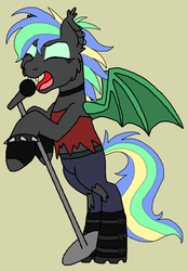 Size: 792x1136 | Tagged: safe, artist:rosefang16, oc, oc only, oc:primal screech, bat pony, pony, bat pony oc, belt, bipedal, boots, choker, clothes, ear fluff, ear piercing, earring, eyes closed, eyeshadow, fangs, female, fingerless gloves, gloves, jeans, jewelry, makeup, mare, microphone, open mouth, pants, piercing, screaming, shoes, simple background, singing, solo, spiked wristband, tank top, torn clothes, wristband, yellow background
