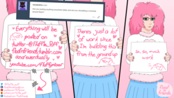 Size: 1920x1080 | Tagged: safe, artist:mixermike622, oc, oc:fluffle puff, human, comic:floof'n'friends, comic, duct tape, glasses, humanized, nail polish, pink background, pink hair, sign, simple background, unhappy