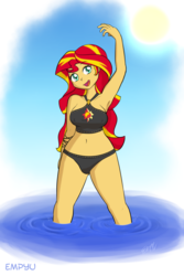 Size: 800x1200 | Tagged: safe, artist:empyu, sunset shimmer, equestria girls, equestria girls specials, g4, my little pony equestria girls: better together, my little pony equestria girls: forgotten friendship, armpits, beach, belly button, breasts, clothes, female, looking at you, nipple outline, open mouth, signature, sky, solo, swimsuit, water