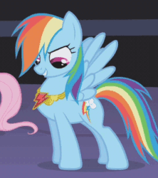 Size: 376x424 | Tagged: safe, edit, edited screencap, screencap, fluttershy, rainbow dash, pegasus, pony, friendship is magic, g4, season 1, animated, animation error, castle of the royal pony sisters, cropped, element of loyalty, female, gif, grin, invisible stallion, looking down, loop, mare, pelvic thrust, puffed chest, smiling, smirk, solo focus, spread wings, wings