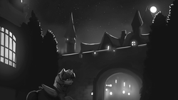 Size: 1920x1080 | Tagged: safe, artist:hierozaki, twilight sparkle, alicorn, pony, g4, castle, clothes, female, grayscale, mare, monochrome, moon, solo, tree, twilight sparkle (alicorn)