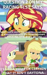 Size: 412x659 | Tagged: safe, applejack, fluttershy, sunset shimmer, fanfic:equestria motorsports, equestria girls, equestria girls specials, g4, mirror magic, caption, circuit de barcelona-catalunya, circuit de spa francorchamps, daytona international speedway, food, hockenheimring, journal, studying, studying for an automobile racing test